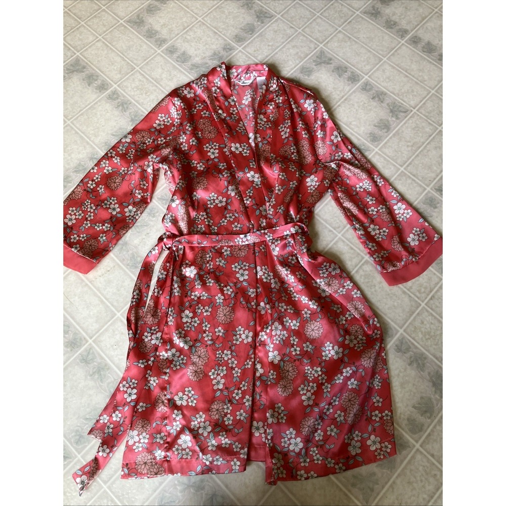 Adonna Coral Pink Floral Satin Robe Sz Small Tie Front Cottagecore Romantic Boho